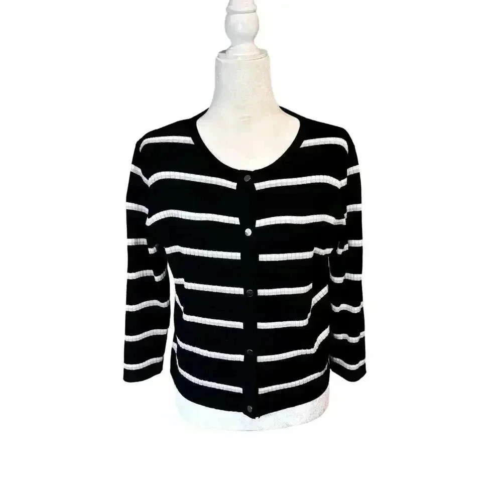 Tahari black and white striped cardigan size PL